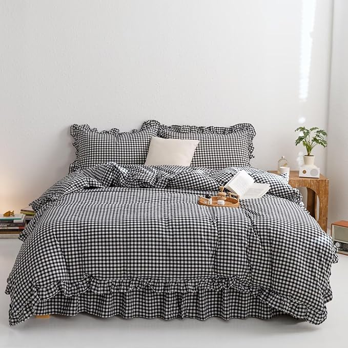 mixinni Black White Gingham Ruffle Duvet Cover Queen Size 3 Pieces – 100% Washed Cotton, Vintage Plaid Ruffled Bedding Set with Zipper Ties, Soft Checkered Grid Farmhouse Chic Comforter Cover Set