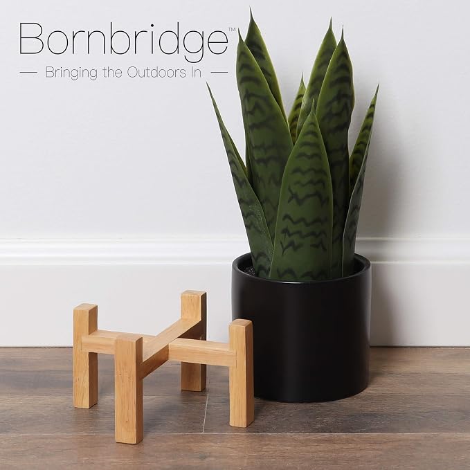 Bornbridge Artificial Snake Plant with Mid Century Plant Stand - Sansevieria Plant in Modern Planter - Artificial Plants with Indoor Plant Stand - Faux House Plants (Small / 2 Pack)