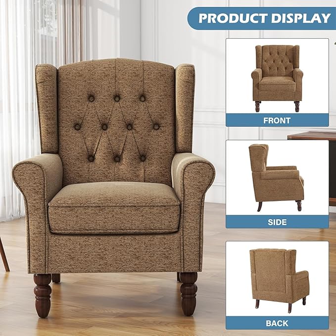 High Back Accent Chairs Set of 2, Fabric Upholstered Armchair Retro Wingback Arm Chair for Living Room, Comfy Single Sofa Bedroom Retro Reading Seat with Solid Wood Legs - Brown