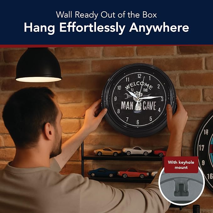 American Art Decor Welcome to The Man Cave LED Clock - 12" Wall Mounted Modern Mechanic Wall Decor - Wall Clock for Living Room, Dorm, Mancave, Garage, Office, Game Room (Black/White)