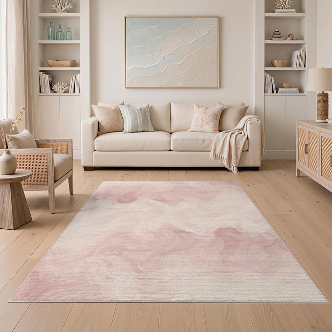 5'x7' Washable Modern Marble Area Rug, Cream Flatwoven Floor Covering for Dining Room, Under Table, Home Office, Non-Slip Chair-Friendly Carpet | Ref:2208260