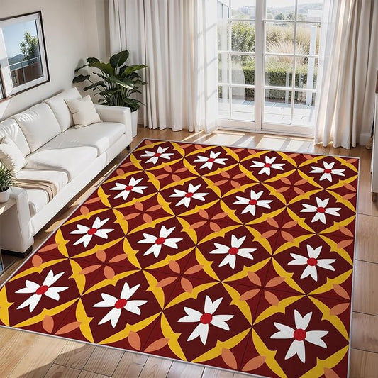 Geometric Flower Rugs for Home Decor, 5x6 ft, Mid Century Modern Area Rugs for Living Room, Soft Non Slip Washable Retro Floral Carpet Bedroom Decorations Dt-Ghf-69