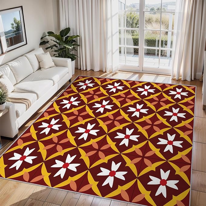 Geometric Flower Rugs for Home Decor, 7x9 ft, Mid Century Modern Area Rugs for Living Room, Soft Non Slip Washable Retro Floral Carpet Bedroom Decorations Dt-Ghf-69
