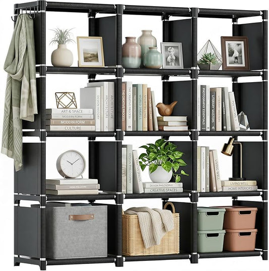 Mavivegue Book Shelf, 12 Cube Storage Organizer, DIY Bookcase, Metal Bookshelf,Tall Book case for Bedroom, Living Room,Office,Closet, Black Cubicle Rack
