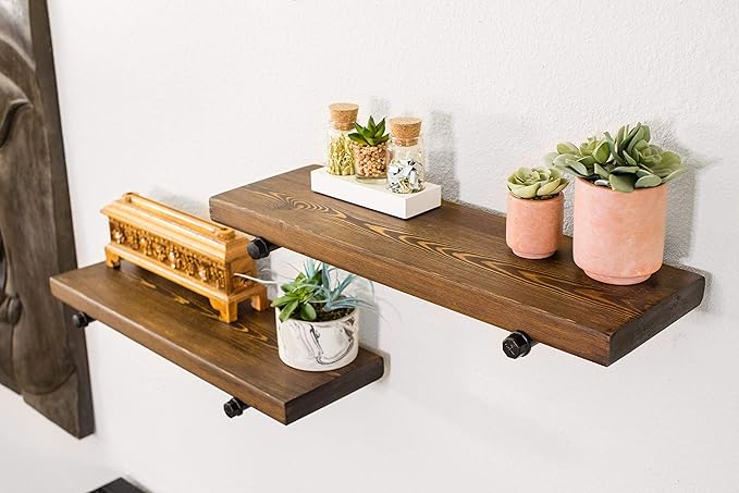 Floating Wall Shelf with Industrial Pipe Brackets, Solid Wood, Rustic Farmhouse Shelf, 24" x 7.5" x 1.5" (2, Dark Walnut)
