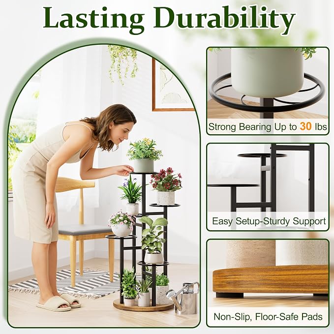 5 Tier Plant Stand Indoor Outdoor,Tiered Plant Stands,Wood Plant Shelf for Multiple Plants, Wrought Iron Flower Stand, Tall Plant Rack Shelf for House Patio Garden - BlackKite