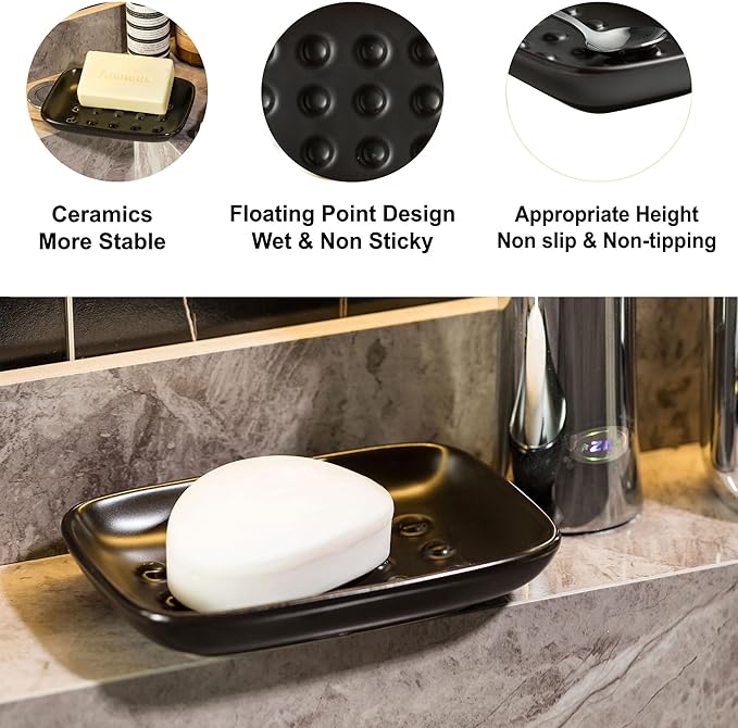 Soap Dish, Ceramic Soap Holder Shower Soap Dish for Bar Soap Sponge, Soap Saver Tray for Bathroom Kitchen Sink, Black (Pack of 2)