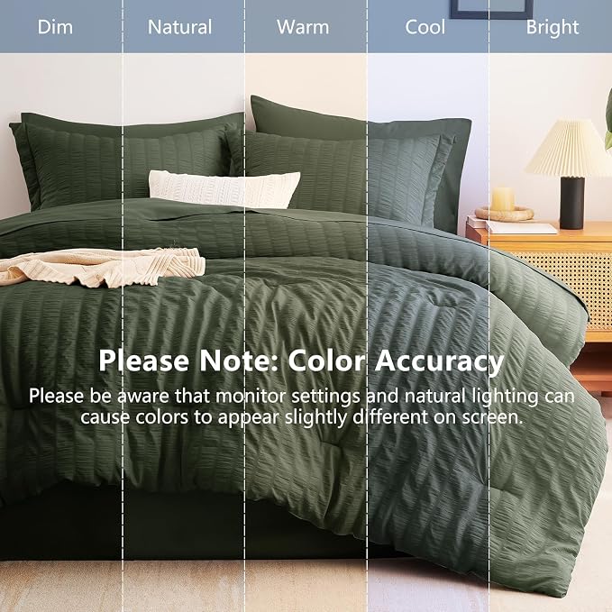 CozyLux Full Size Comforter Sets Dark Green, 7 Pieces Seersucker Textured Luxury Bed in a Bag, All Seasons Soft Bedding Sets with Down Alternative Comforter, Sheets, Pillowcases & Shams, Home Gift