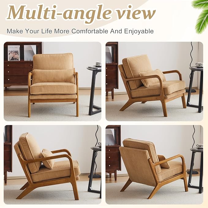 VINGLI Upgraded Premium Corduroy Accent Chair,Upholstered Arm Chair,Solid Wood Comfy Reading Chair with Lumbar Pillow, Mid Century Modern Chairs for Living Room,Bedroom,Guest Room,Khaki