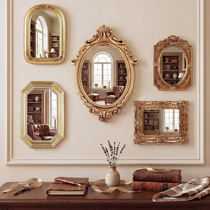 Wonderjune 5 Pcs Vintage Gold Mirror Set for Wall Decorative Resin Frame Ornate Antique Hanging and Tabletop Mirror for Home Dresser Gallery Decor Photography Props Gift (Baroque Style)