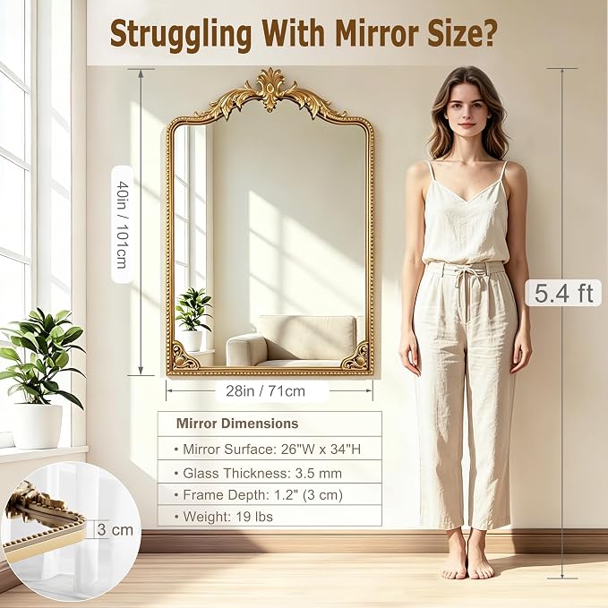 Vintage Gold Arched Mirror 28"x40" - Large French Baroque Ornate Metal Frame Beaded Wall Mirror - Traditional Antique Wall Decor Mirror for Entryway, Fireplace, Living Room,Bedroom