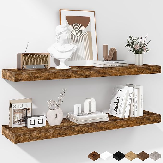 Fun Memories 36 Inch Floating Shelves - Deep Rustic Wooden Wall Shelves - Extra Deeper & Thicker Wall Mounted Storage Shelf for Bedroom, Kitchen, Farmhouse - 2 Pack, Rustic Brown