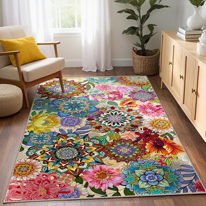3'x5' Boho Floral Area Rugs for Entryway Kitchen Living Room Bedroom, Non-Slip Machine Washable Colorful Flower Entry Rugs Carpet Door Mat Indoor Entrance Aesthentic