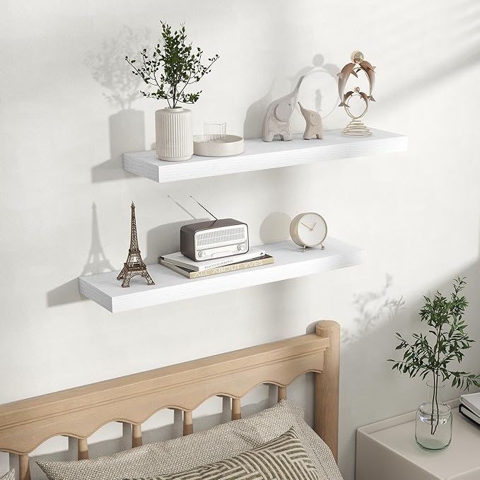 Fun Memories Rustic Floating Wall Shelves, Wall Mounted Wood Storage & Display Shelves for Bathroom, Bedroom, Living Room or Kitchen, (Set of 2, White, 30 in)
