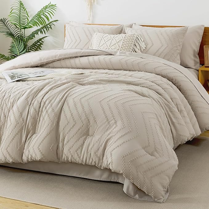Litanika Queen Comforter Set with Sheets Beige - 7 Pieces Bed in a Bag Queen Chevron Tufted Complete Bedding Sets with Comforter, Sheets, Pillowcases & Shams