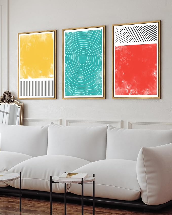 PHOPAGO 24x36in Large Minimalist Abstract Framed Wall Art Modern Colorful Line Wall Decor Geometric Artwork Bedroom Living Room Natural Framed