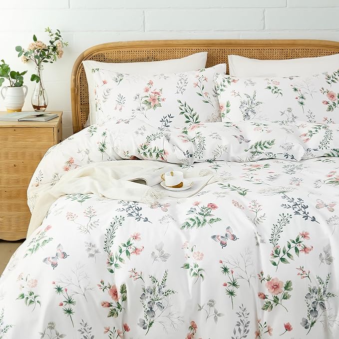 Floral King Duvet Cover, 100% Cotton 3 Pieces Floral Bedding Sets with Zipper Closure Vintage Style Garden Comforter Cover, Soft Breathable, Lightweight