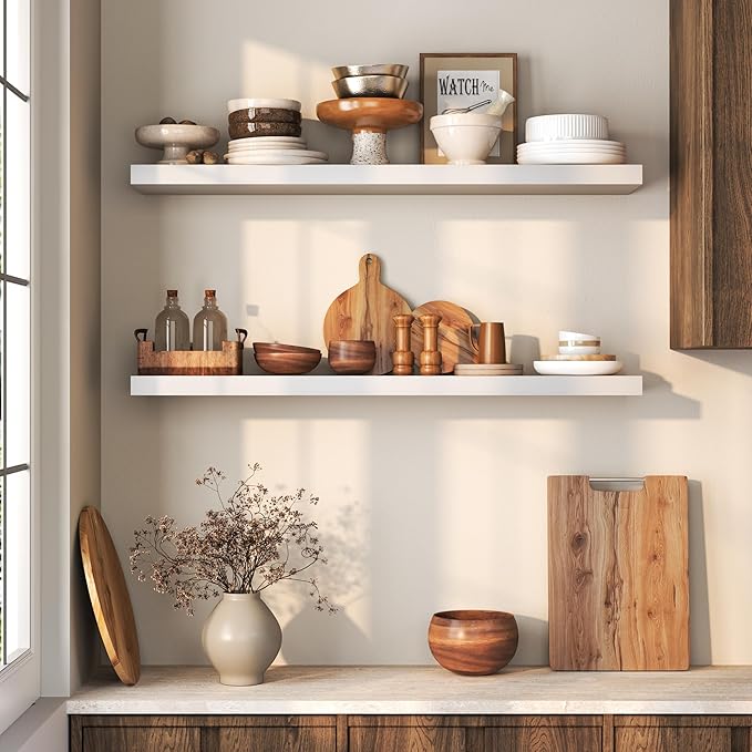 Floating Shelves 36 Inches Long - 8 Inch Deep Rustic Premium Solid Pine Wood for Storage - Farmhouse Wall Mounted for Living Room - Heavy-Duty Metal Bracket - 36" W x 8" D - Set of 2 - White Color