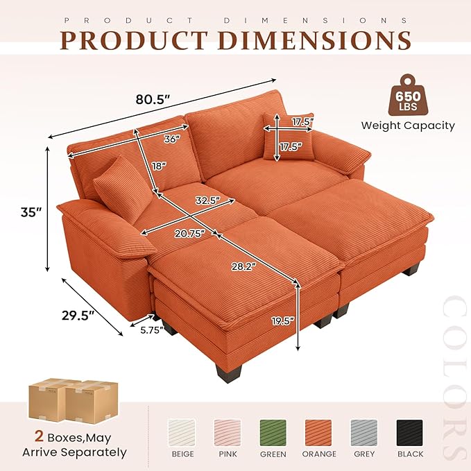 Modular Sectional Sofa Cloud Couch, Comfy Corduroy Loveseat with Ottoman Upholstered Deep Seat Sleeper Sofa Bed 2 Seater Couch Oversized Chaise Lounge Chair Indoor for Living Room Bedroom, Orange