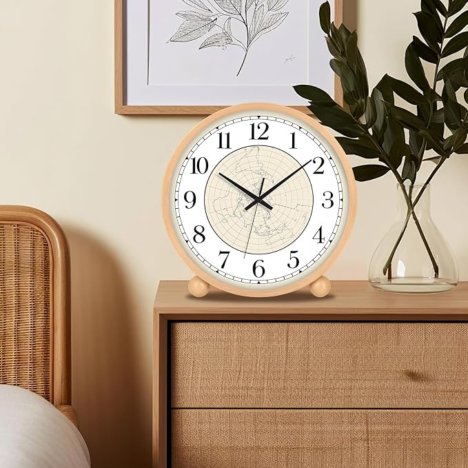 Maxspace Wooden Table Clock,8in Silent Non-Ticking Desk Clock,Battery Operated Desktop Analog Clock for Living Room Bedroom Kitchen Office Classroom Decor (Log - Map)