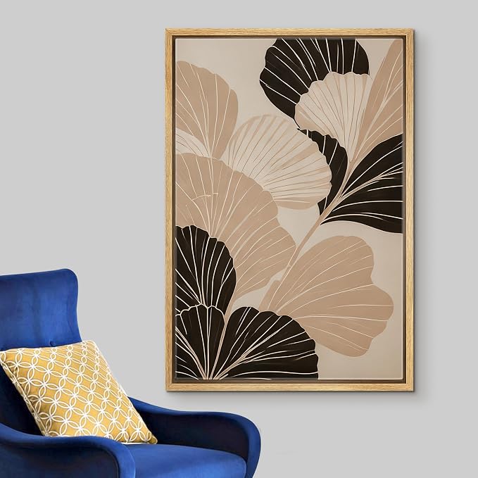 Woodrose Framed Canvas Print Wall Art Ginkgo Leaves Monochrome Nature Abstract Illustrations Modern Art Minimalist 3D Colorful Ultra for Living Room, Bedroom, Office - 24"x36" NATURAL