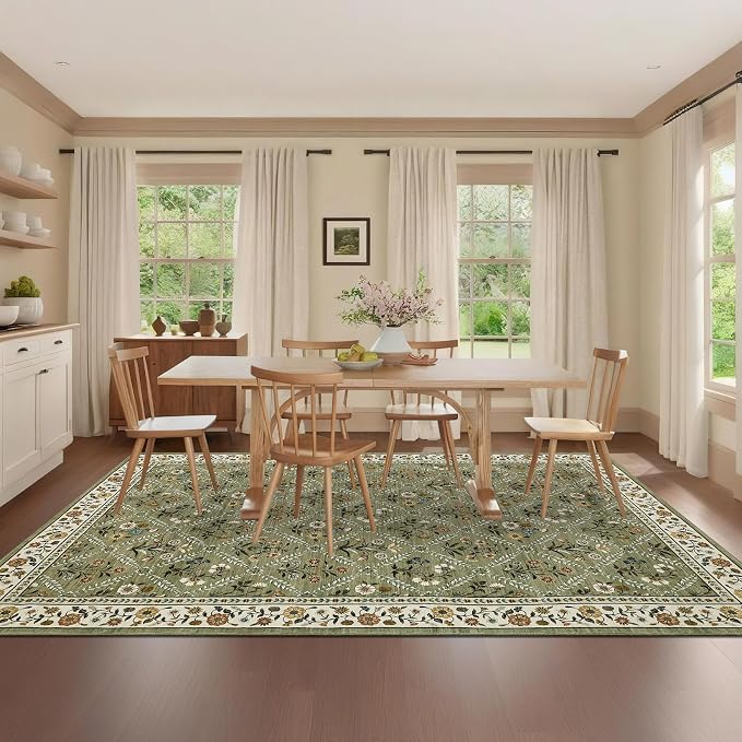 GarveeHome 6x9 Machine Washable Area Rugs for Living Room Floral Stain Resistant Soft Carpet Vintage Low Pile Non Slip Non-Shedding Floor Carpet Rugs for Bedroom Nursery Green