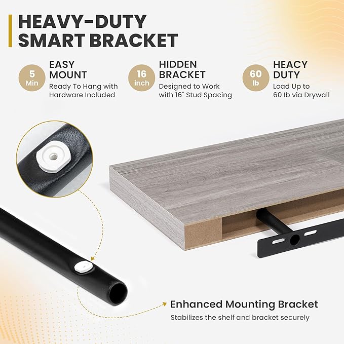 36 Inch Floating Shelves, 9.3" Deep Floating Shelf Wall Mounted, 36" Wall Shelves, Rustic Deep Bookshelf, Large Display Shelves & Storage Shelves for Bedroom, Living Room, Gray, Set of 2