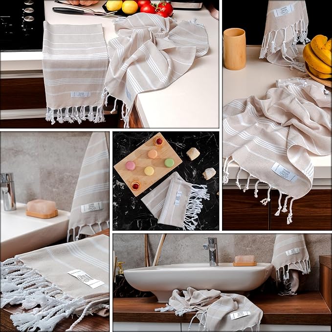Hand Towels - Set of 6 | 18" x 30" - Decorative Turkish Hand Towel for Bathroom, Kitchen, Guest, Face, Hair, Tea, Dishcloth (Sultan, Beige)