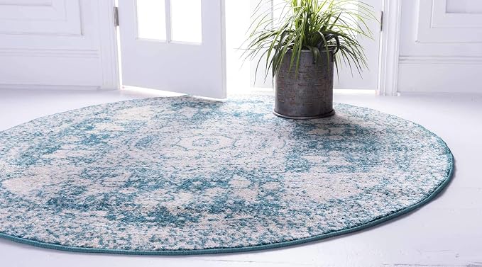 Unique Loom Bromley Collection Area Rug - Wells (3' Round, Turquoise/ Ivory)