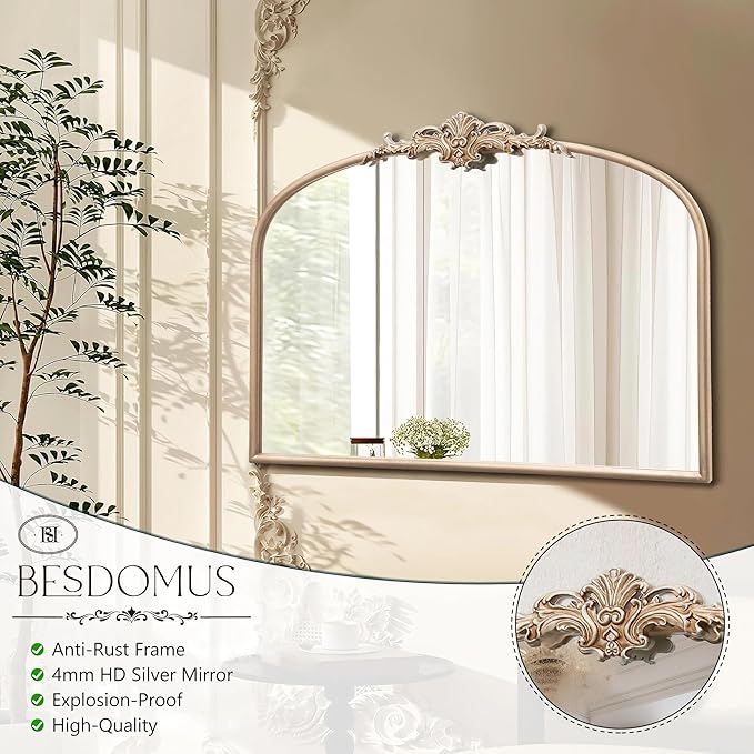 Besdomus Arched Vintage Gold Mirror: 32"x24" Large Champagne Gold Antique Wall Mounted Mirror - Baroque Traditional Ornate for Fireplace/Bathroom/Living Room - Wall Decor for Fashion-Conscious