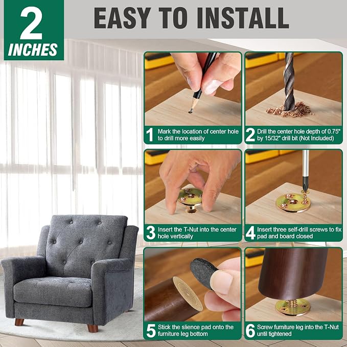FoDau770 Brown Rubber Wood Furniture Legs 2 Inches, Slant Tapered Wood Feet Mid Century Sofa Legs Set of 4, 5/16" UNC Furniture Feet Replacement Parts for Cabinet Couch Dresser Chair Ottoman Table