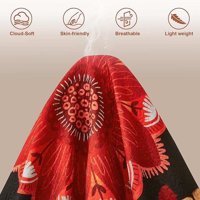 2 Piece Black Red Boho Floral Quilt Sets Twin Size Farmhouse Reversible Lightweight Bedspread Coverlet with 1 Sham Vintage Mid Century Microfiber Bedding Quilts Set for All Season, 68''x86''