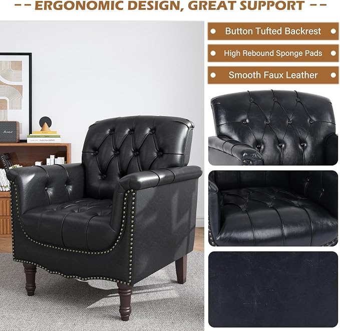 Faux Leather Accent Chair for Living Room, Tufted Arm Chair Retro Upholstered Club Armchair with Solid Wood Legs, Black Blue