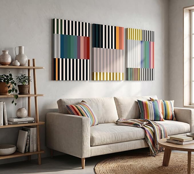 3pcs Abstract Stripes Canvas Wall Art Mid Century Modern Wall Decor Pictures Colorful Simple Line Posters Prints for Living Bedroom office Home Decoration Ready to Hang