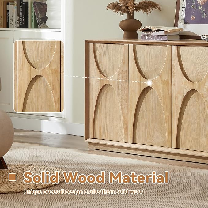 59" Sideboard Buffet Cabinet with Storage, Mid-Century Modern Sculpted Door Design Buffet Sideboard Accent Credenza with Adjustable Shelves for Living Room Kitchen Hallway (Natural)