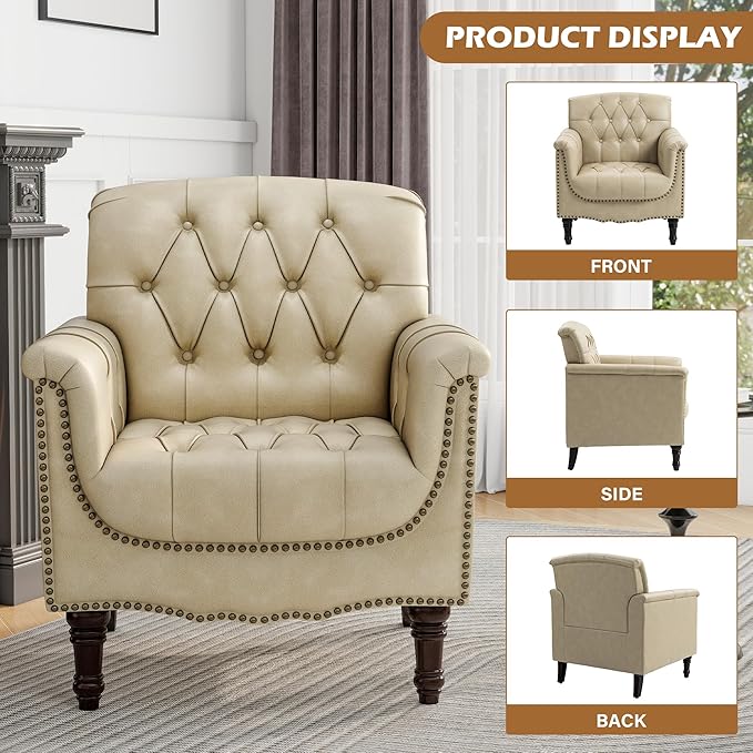 Faux Leather Accent Chairs Set of 2, Comfy Club Chair Upholstered Armchair for Living Room, Button Tufted Arm Chair Retro Single Sofa Side Reding Seat for Bedroom - Beige