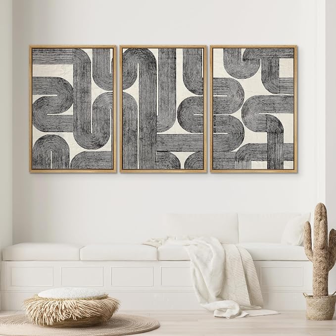SIGNWIN Framed Canvas Print Wall Art Set Black and White Geometric Line Abstract Illustrations Modern Art Decorative Chic Calm/Zen for Living Room, Bedroom, Office - 16"x24"x3 NATURAL