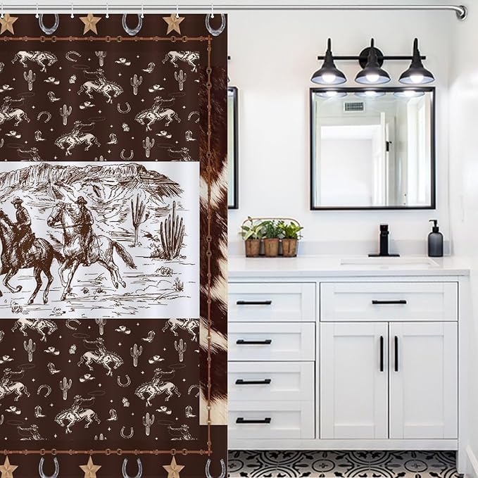 Western Horse Cowboy Shower Curtain for Boys Men Kids Teens Rustic Country Wild West Waterproof Shower Curtains for Bathroom Decor 12 Pack Hooks 55x72in（140x183cm）