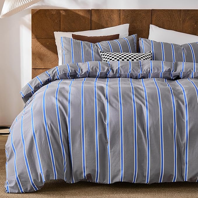 Merryword Blue and Gray Striped Duvet Cover Set Queen Size 100% Cotton Bedding Set with Modern Coastal Style Soft Breathable Linen Like Bedding Set 3 Pieces