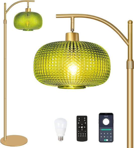Modern Floor Lamp for Living Room, Mid Century Tall Standing Lamp Green Glass Lamp Shade, Dimmable Gold Tall Pole Lamp for Bedroom Office with Remote, 1 x 12W LED Edison Bulbs Included