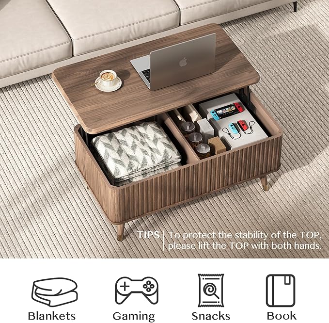 Lift Top Coffee Table with Storage, Mid Century Modern Rectangular Center Table, Fluted Design with Hidden Compartment, Rising Desk for Work from Home, Living Room Furniture, Walnut Finish