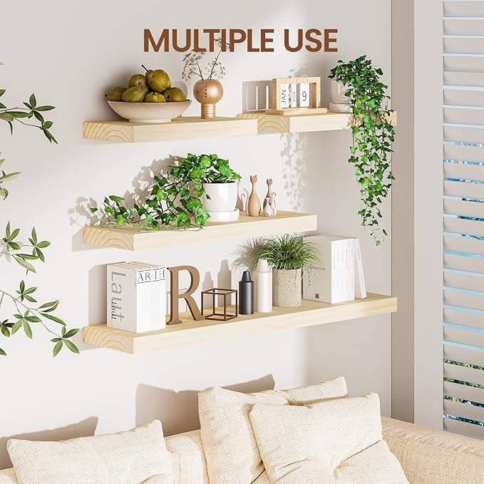 Heimlove 36 Inch Floating Shelves for Wall Solid Wood Shelves Set of 2,Wall Mounted Rustic Wood 8 Inch Deep Floating Shelf with Invisible Brackets for Bedroom Kitchen Living Room