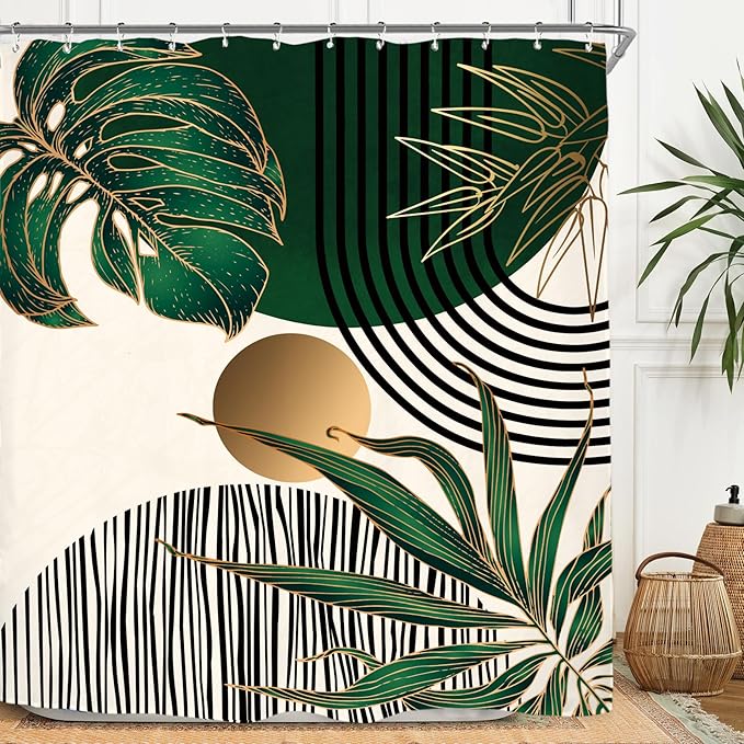 Miyotaa Emerald Green Abstract Shower Curtain Set 60Wx71H Inches Vintage Minimalist Aesthetic Modern Contemporary Plant Leaves Polyester Waterproof Cloth Bathroom Curtain with 12 Hooks