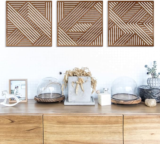 Bnesi 3 Piece Abstract Geometric Wood Wall Art Decor Modern Boho Minimalist Slatted Design Wall Sculpture Art Decor for Living Room Bedroom Home Bathroom (Exquisite, Medium)