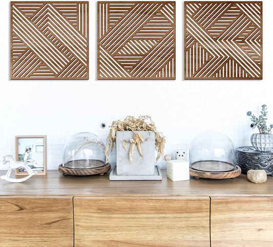 Bnesi 3 Piece Abstract Geometric Wood Wall Art Decor Modern Boho Minimalist Slatted Design Wall Sculpture Art Decor for Living Room Bedroom Home Bathroom (Exquisite, Medium)