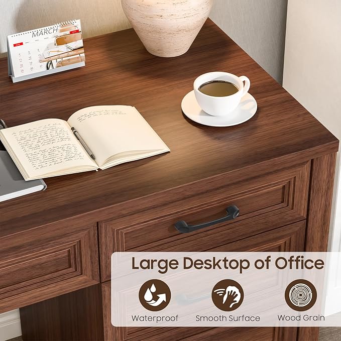 Vabches Farmhouse Executive Desk with Storage and Ample File Drawer, Rustic Large Home Writing Desk for Bedroom, Walnut
