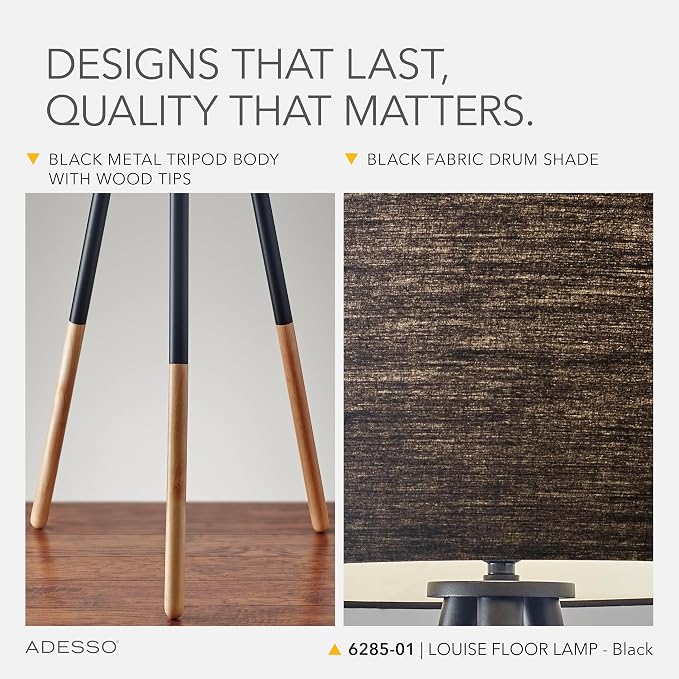 Adesso 6285-01 Louise, 60.25 in., 150 W Incandescent/ equiv. CFL, Black Painted Metal w/ Wood Tips, 1 Floor Lamp