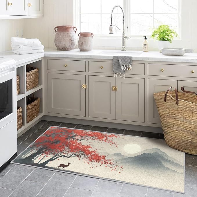 Asian Deer Runner Rug 3x12, Japanese Ink Design, Chinese Area Rug, Washable Carpet Runner for Bedroom, Standard Hallways, Kitchen Walkway, Dining Room Sideboard