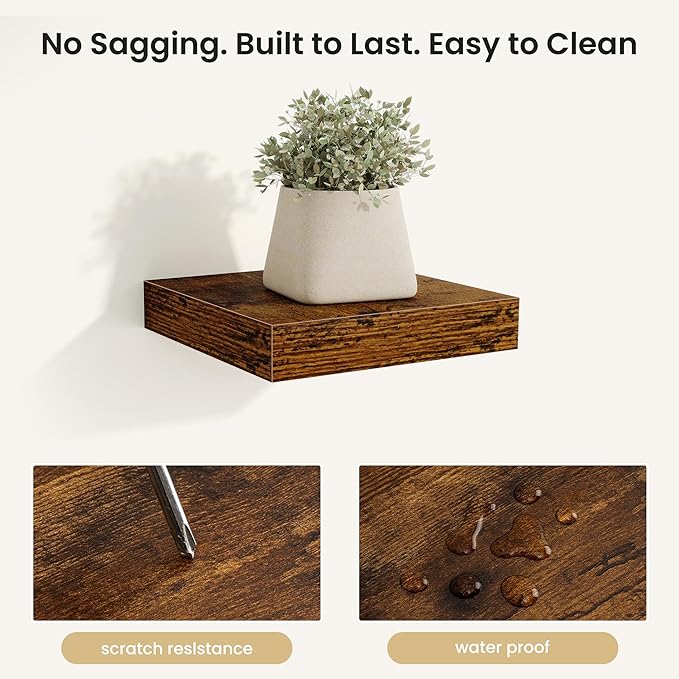Fun Memories Floating Shelves for Wall, Rustic Wood Wall Mounted Shelves for Bathroom, Bedroom, Living Room and Kitchen, Storage & Home Decor (Set of 4, Brown, 8 in)