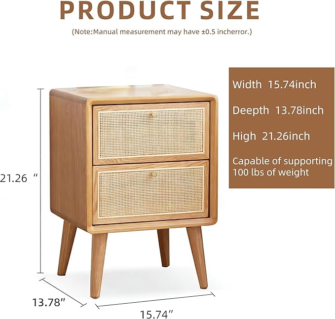 Mid-Century Modern Rattan Nightstand, 2-Drawer Solid Oak Bedside Table with Natural Rattan Fronts, Wooden Bedroom End Table (Natural Oak, 15.74”x13.78”x21.26”)